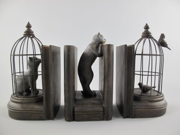 Buchstützen Katzen und Vögel im Käfig 3-teiliges Set