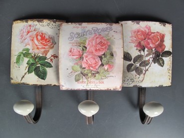 Garderobenleiste "Rosen" mit 3 Haken im Vintage Stil.