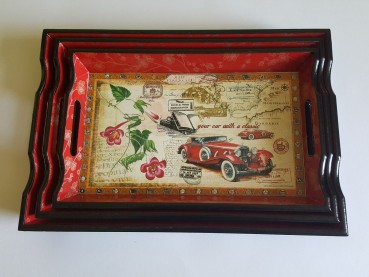 Tablett aus Holz Motiv Oldtimer im Vintage Look - 3er Set
