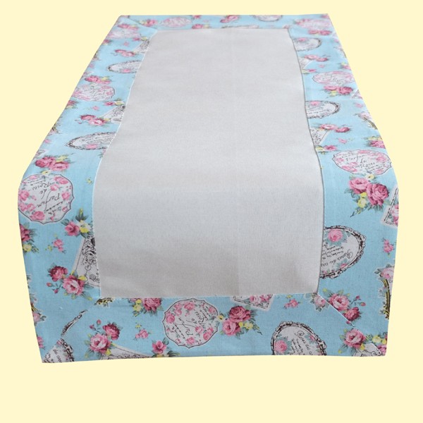 Tischläufer Landhaus Shabby Chic mit Vintage Textildruck hellblau