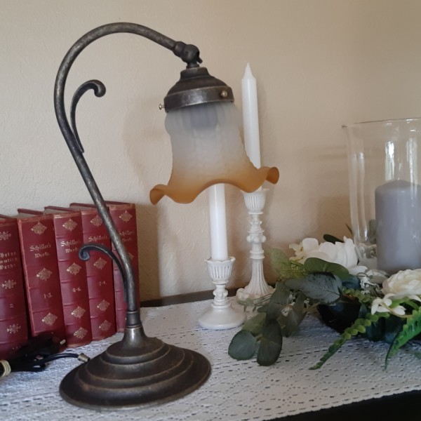 Tischlampe Antik Stil Jugendstil Schreibtischlampe Messing brüniert Glasschirm 