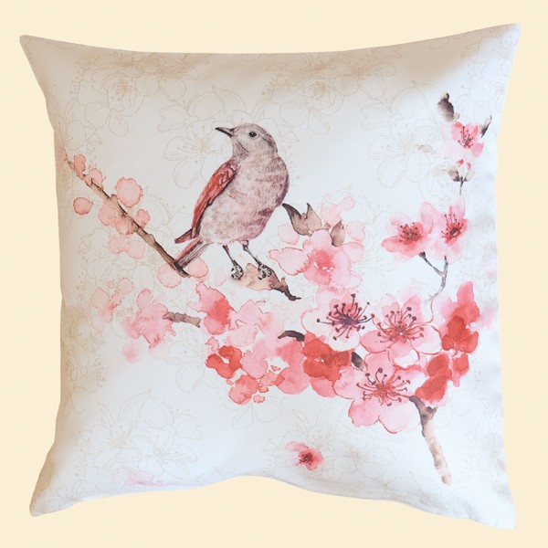 Kissenhülle Textildruck “Vogel“ und "Kirschblüten" - 40x40