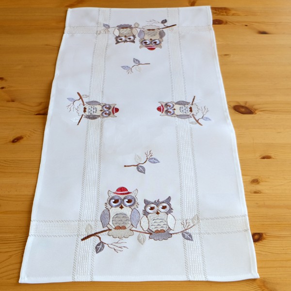 Tischläufer mit Stickerei Eulen in wollweiß-bunt