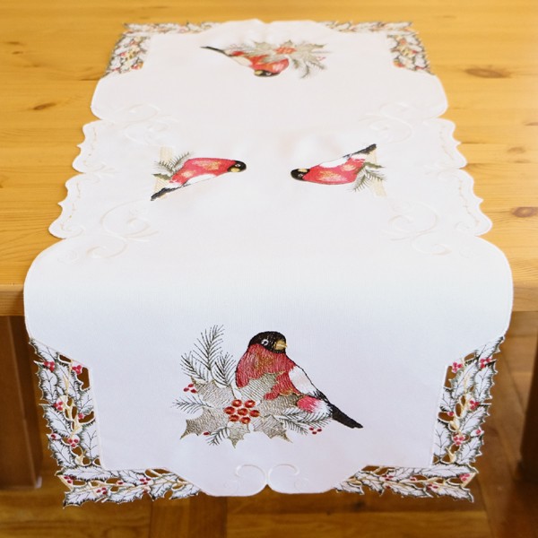 Tischläufer Stickerei Vogel, Illex und Weihnachtsstern